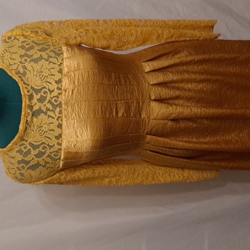 Antique gold lace and crinkle satin dress